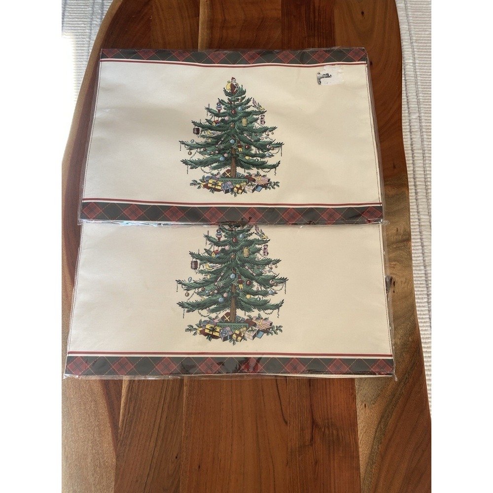 Spode Christmas Tree Tartan Plaid Trim Set Of 8 Placemats NWT 13 X 19